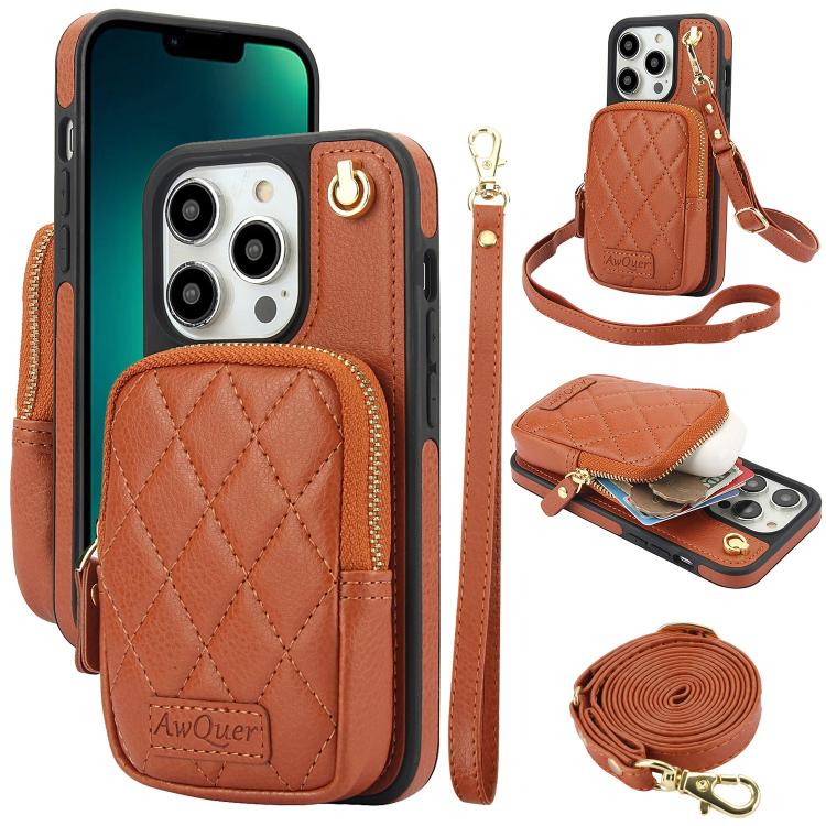 Cartera con cremallera y bandolera AwQuer, funda de piel de lichi para teléfono, For iPhone 13 Pro Max, For iPhone 13 Pro, For iPhone 12 / 12 Pro, For iPhone 12 Pro Max, For iPhone 11 Pro Max, For iPhone 11
