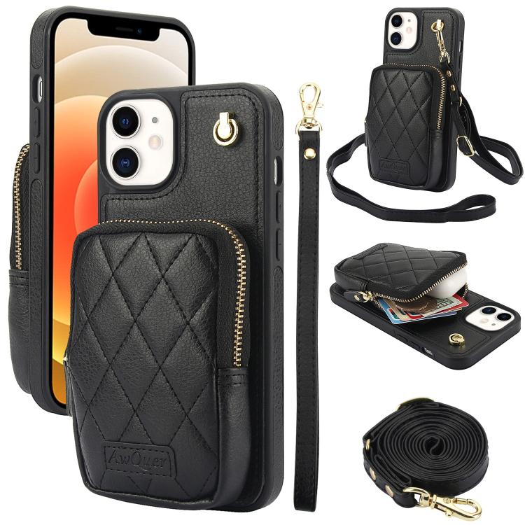 Cartera con cremallera y bandolera AwQuer, funda de piel de lichi para teléfono, For iPhone 13 Pro Max, For iPhone 13 Pro, For iPhone 12 / 12 Pro, For iPhone 12 Pro Max, For iPhone 11 Pro Max, For iPhone 11