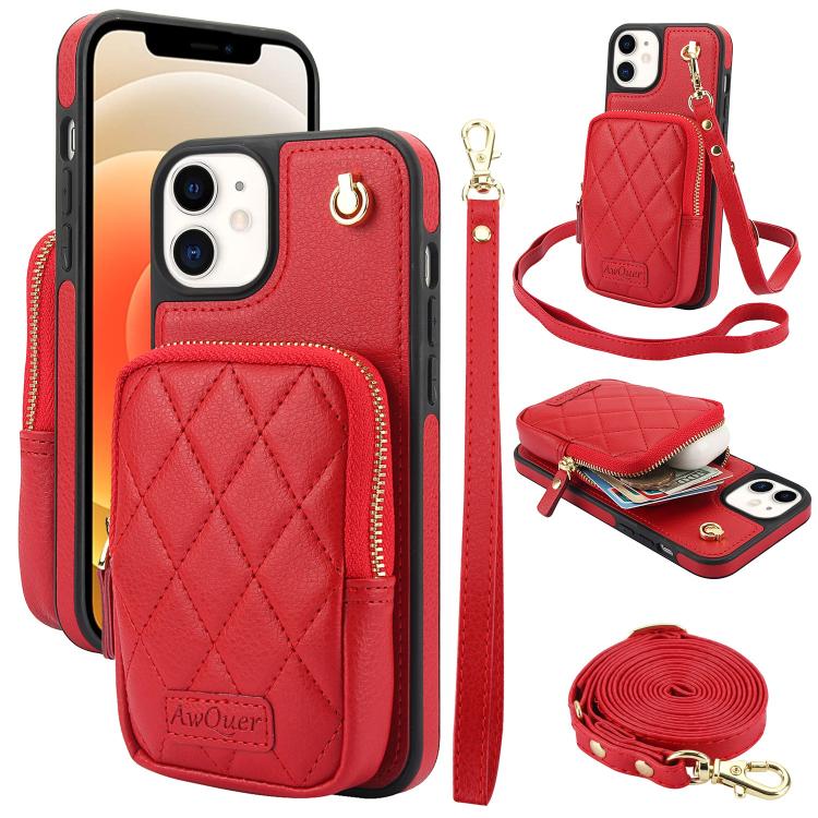 Cartera con cremallera y bandolera AwQuer, funda de piel de lichi para teléfono, For iPhone 13 Pro Max, For iPhone 13 Pro, For iPhone 12 / 12 Pro, For iPhone 12 Pro Max, For iPhone 11 Pro Max, For iPhone 11