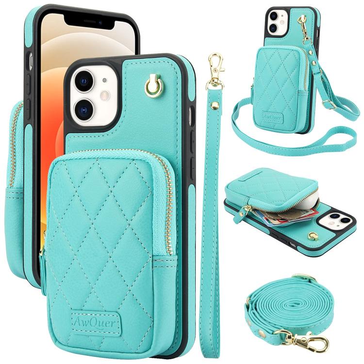 Cartera con cremallera y bandolera AwQuer, funda de piel de lichi para teléfono, For iPhone 13 Pro Max, For iPhone 13 Pro, For iPhone 12 / 12 Pro, For iPhone 12 Pro Max, For iPhone 11 Pro Max, For iPhone 11