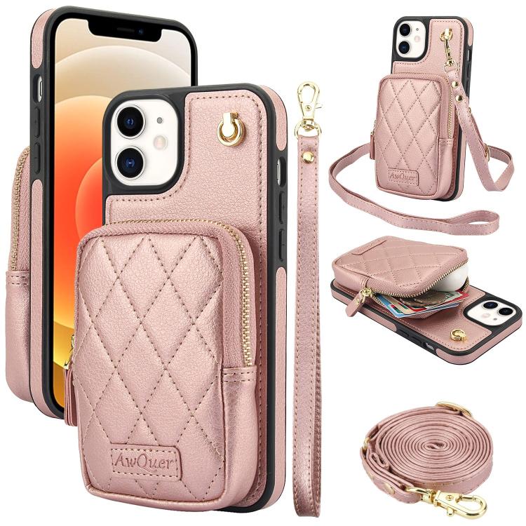 Cartera con cremallera y bandolera AwQuer, funda de piel de lichi para teléfono, For iPhone 13 Pro Max, For iPhone 13 Pro, For iPhone 12 / 12 Pro, For iPhone 12 Pro Max, For iPhone 11 Pro Max, For iPhone 11