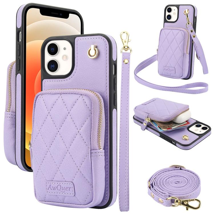 Cartera con cremallera y bandolera AwQuer, funda de piel de lichi para teléfono, For iPhone 13 Pro Max, For iPhone 13 Pro, For iPhone 12 / 12 Pro, For iPhone 12 Pro Max, For iPhone 11 Pro Max, For iPhone 11