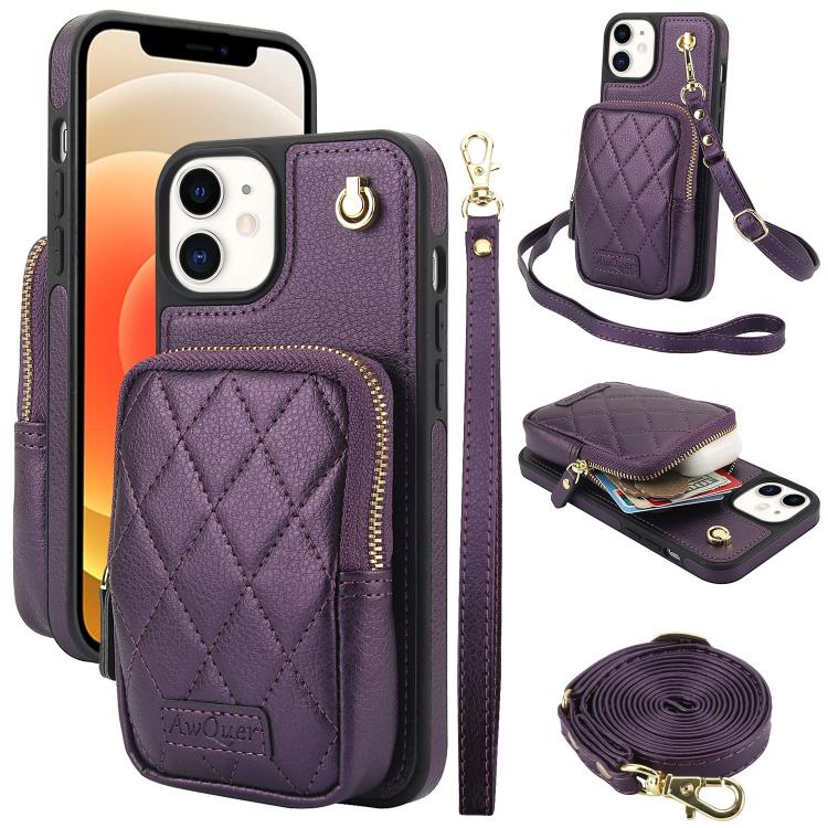 Cartera con cremallera y bandolera AwQuer, funda de piel de lichi para teléfono, For iPhone 13 Pro Max, For iPhone 13 Pro, For iPhone 12 / 12 Pro, For iPhone 12 Pro Max, For iPhone 11 Pro Max, For iPhone 11