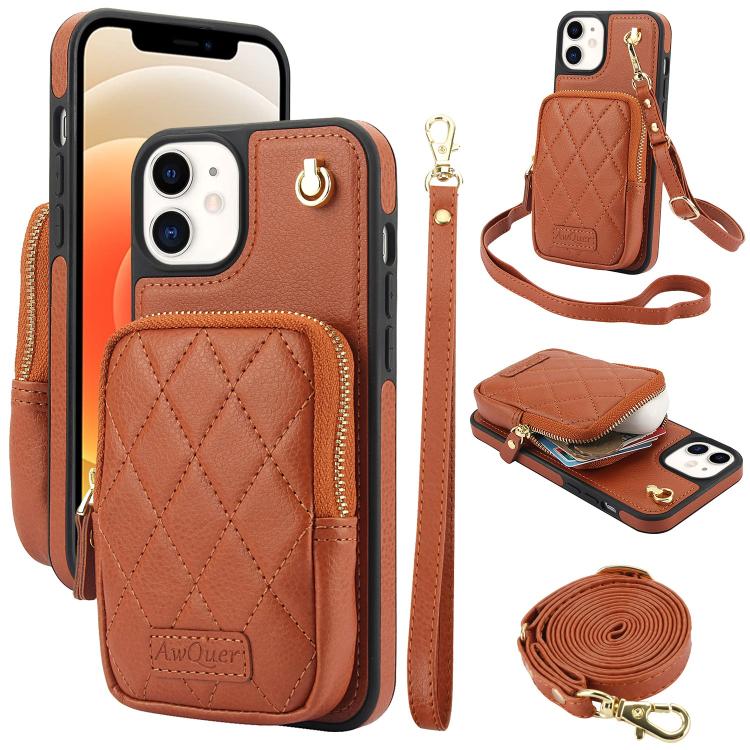 Cartera con cremallera y bandolera AwQuer, funda de piel de lichi para teléfono, For iPhone 13 Pro Max, For iPhone 13 Pro, For iPhone 12 / 12 Pro, For iPhone 12 Pro Max, For iPhone 11 Pro Max, For iPhone 11