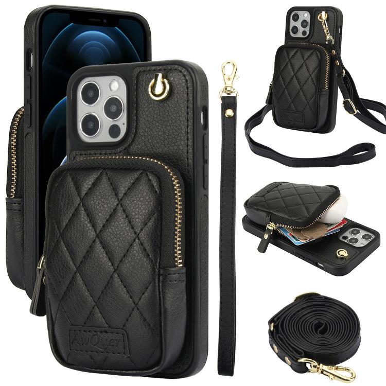 Cartera con cremallera y bandolera AwQuer, funda de piel de lichi para teléfono, For iPhone 13 Pro Max, For iPhone 13 Pro, For iPhone 12 / 12 Pro, For iPhone 12 Pro Max, For iPhone 11 Pro Max, For iPhone 11