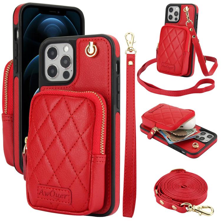 Cartera con cremallera y bandolera AwQuer, funda de piel de lichi para teléfono, For iPhone 13 Pro Max, For iPhone 13 Pro, For iPhone 12 / 12 Pro, For iPhone 12 Pro Max, For iPhone 11 Pro Max, For iPhone 11
