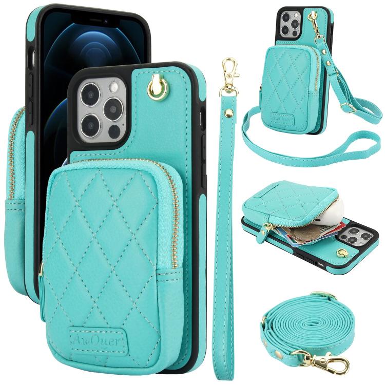 Cartera con cremallera y bandolera AwQuer, funda de piel de lichi para teléfono, For iPhone 13 Pro Max, For iPhone 13 Pro, For iPhone 12 / 12 Pro, For iPhone 12 Pro Max, For iPhone 11 Pro Max, For iPhone 11