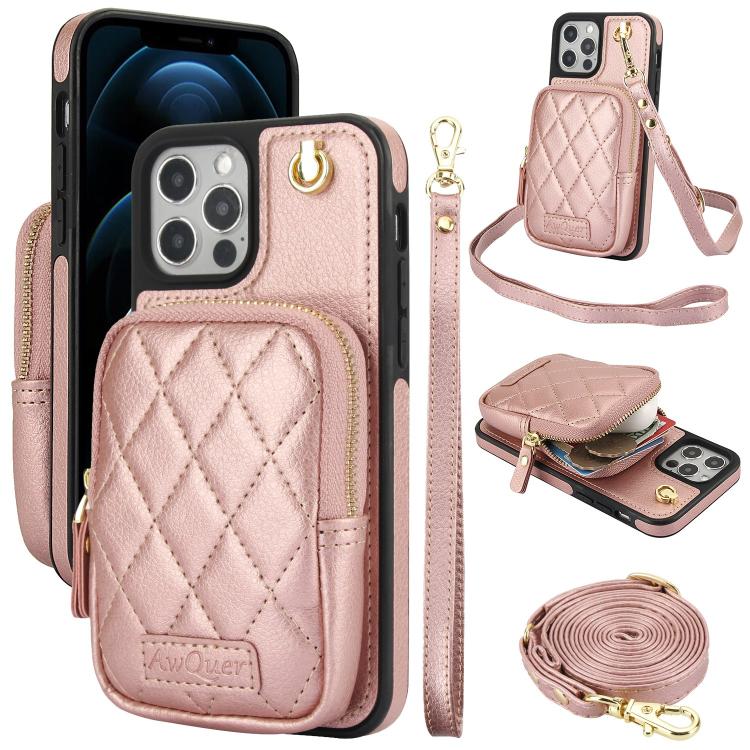 Cartera con cremallera y bandolera AwQuer, funda de piel de lichi para teléfono, For iPhone 13 Pro Max, For iPhone 13 Pro, For iPhone 12 / 12 Pro, For iPhone 12 Pro Max, For iPhone 11 Pro Max, For iPhone 11