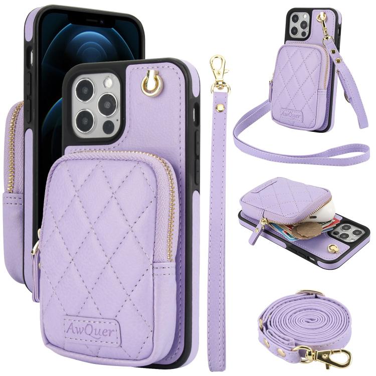 Cartera con cremallera y bandolera AwQuer, funda de piel de lichi para teléfono, For iPhone 13 Pro Max, For iPhone 13 Pro, For iPhone 12 / 12 Pro, For iPhone 12 Pro Max, For iPhone 11 Pro Max, For iPhone 11