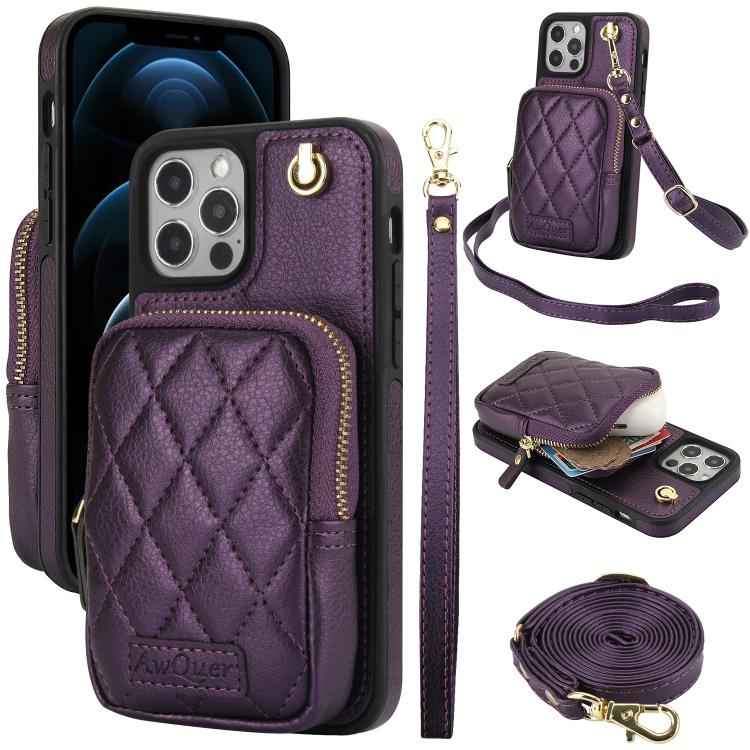Cartera con cremallera y bandolera AwQuer, funda de piel de lichi para teléfono, For iPhone 13 Pro Max, For iPhone 13 Pro, For iPhone 12 / 12 Pro, For iPhone 12 Pro Max, For iPhone 11 Pro Max, For iPhone 11