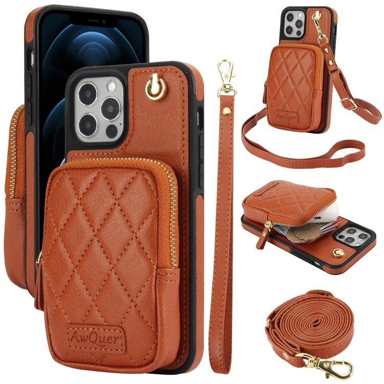 Cartera con cremallera y bandolera AwQuer, funda de piel de lichi para teléfono, For iPhone 13 Pro Max, For iPhone 13 Pro, For iPhone 12 / 12 Pro, For iPhone 12 Pro Max, For iPhone 11 Pro Max, For iPhone 11