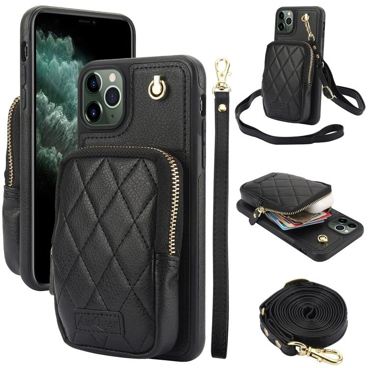 Cartera con cremallera y bandolera AwQuer, funda de piel de lichi para teléfono, For iPhone 13 Pro Max, For iPhone 13 Pro, For iPhone 12 / 12 Pro, For iPhone 12 Pro Max, For iPhone 11 Pro Max, For iPhone 11