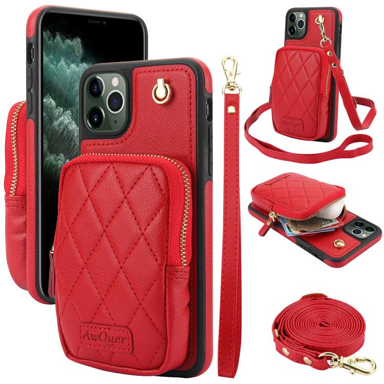 Cartera con cremallera y bandolera AwQuer, funda de piel de lichi para teléfono, For iPhone 13 Pro Max, For iPhone 13 Pro, For iPhone 12 / 12 Pro, For iPhone 12 Pro Max, For iPhone 11 Pro Max, For iPhone 11