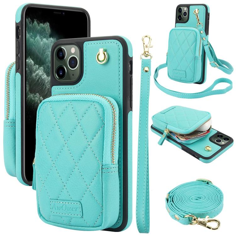 Cartera con cremallera y bandolera AwQuer, funda de piel de lichi para teléfono, For iPhone 13 Pro Max, For iPhone 13 Pro, For iPhone 12 / 12 Pro, For iPhone 12 Pro Max, For iPhone 11 Pro Max, For iPhone 11
