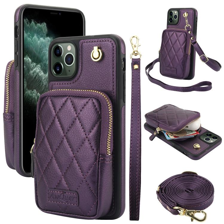 Cartera con cremallera y bandolera AwQuer, funda de piel de lichi para teléfono, For iPhone 13 Pro Max, For iPhone 13 Pro, For iPhone 12 / 12 Pro, For iPhone 12 Pro Max, For iPhone 11 Pro Max, For iPhone 11