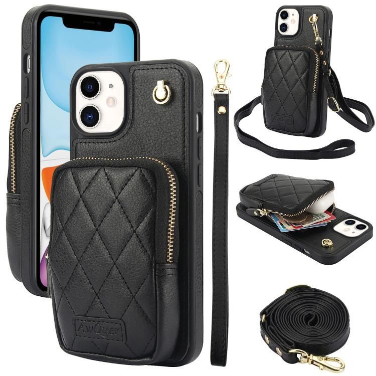 Cartera con cremallera y bandolera AwQuer, funda de piel de lichi para teléfono, For iPhone 13 Pro Max, For iPhone 13 Pro, For iPhone 12 / 12 Pro, For iPhone 12 Pro Max, For iPhone 11 Pro Max, For iPhone 11