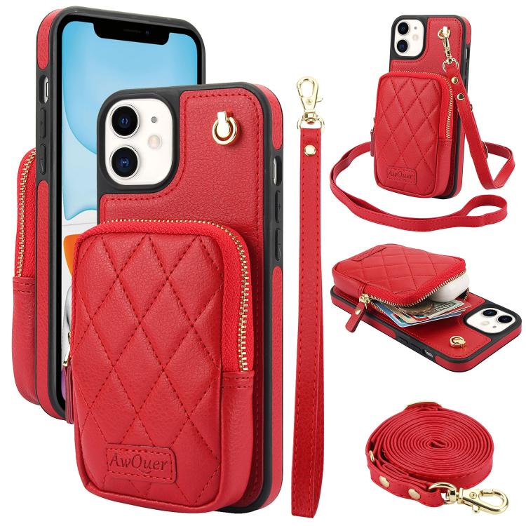 Cartera con cremallera y bandolera AwQuer, funda de piel de lichi para teléfono, For iPhone 13 Pro Max, For iPhone 13 Pro, For iPhone 12 / 12 Pro, For iPhone 12 Pro Max, For iPhone 11 Pro Max, For iPhone 11