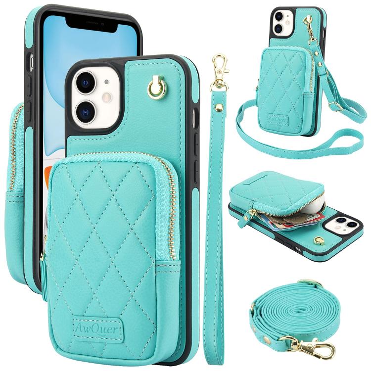 Cartera con cremallera y bandolera AwQuer, funda de piel de lichi para teléfono, For iPhone 13 Pro Max, For iPhone 13 Pro, For iPhone 12 / 12 Pro, For iPhone 12 Pro Max, For iPhone 11 Pro Max, For iPhone 11