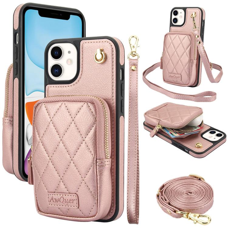 Cartera con cremallera y bandolera AwQuer, funda de piel de lichi para teléfono, For iPhone 13 Pro Max, For iPhone 13 Pro, For iPhone 12 / 12 Pro, For iPhone 12 Pro Max, For iPhone 11 Pro Max, For iPhone 11