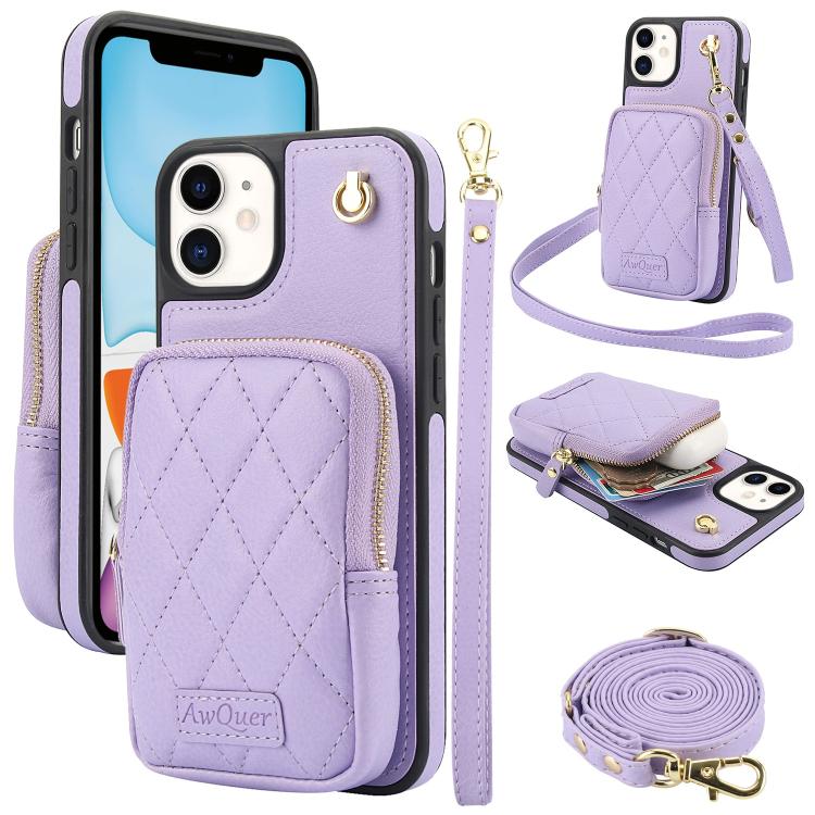 Cartera con cremallera y bandolera AwQuer, funda de piel de lichi para teléfono, For iPhone 13 Pro Max, For iPhone 13 Pro, For iPhone 12 / 12 Pro, For iPhone 12 Pro Max, For iPhone 11 Pro Max, For iPhone 11
