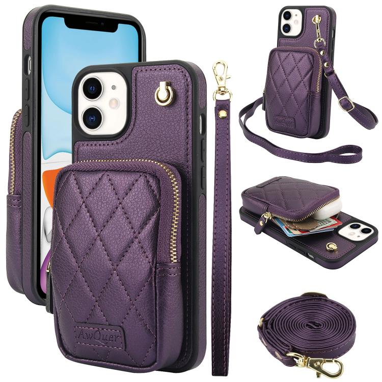 Cartera con cremallera y bandolera AwQuer, funda de piel de lichi para teléfono, For iPhone 13 Pro Max, For iPhone 13 Pro, For iPhone 12 / 12 Pro, For iPhone 12 Pro Max, For iPhone 11 Pro Max, For iPhone 11
