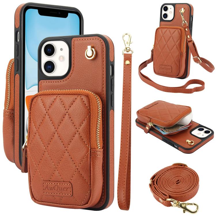 Cartera con cremallera y bandolera AwQuer, funda de piel de lichi para teléfono, For iPhone 13 Pro Max, For iPhone 13 Pro, For iPhone 12 / 12 Pro, For iPhone 12 Pro Max, For iPhone 11 Pro Max, For iPhone 11