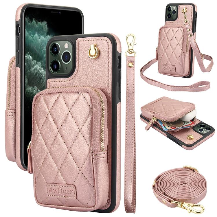 Cartera con cremallera y bandolera AwQuer, funda de piel de lichi para teléfono, For iPhone 11 Pro