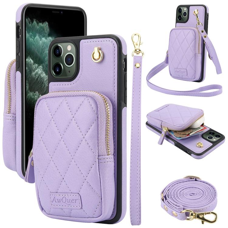 Cartera con cremallera y bandolera AwQuer, funda de piel de lichi para teléfono, For iPhone 11 Pro