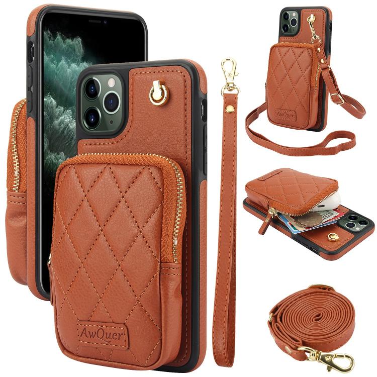 Cartera con cremallera y bandolera AwQuer, funda de piel de lichi para teléfono, For iPhone 11 Pro