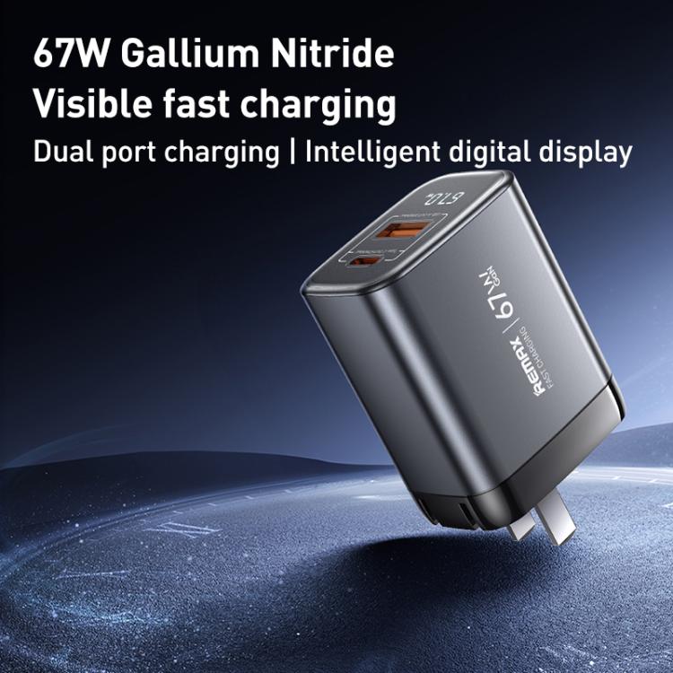 Cargador rápido REMAX U2-AC de 67 W con pantalla digital GaN USB y tipo C, EU Plug, UK Plug