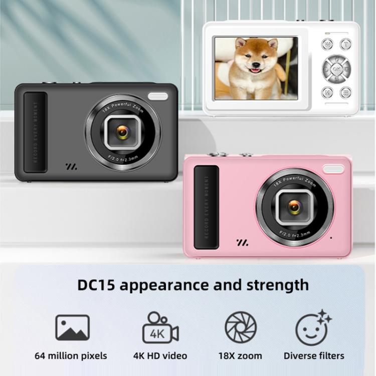 Cámara digital DC15 de 2,4 pulgadas con zoom 18X, vídeo 4K HD y grabación de 64 MP