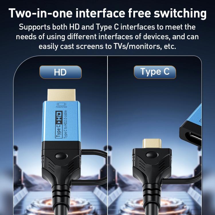 Cable adaptador YCE-V292 2 en 1 Tipo-C a Tipo-C y HDMI 2.0, longitud: 1,8 m