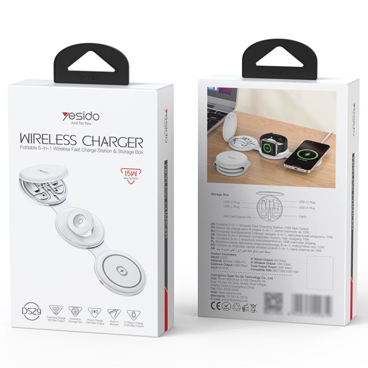 Cargador inalámbrico plegable Yesido DS29 5 en 1 para teléfono, reloj y auriculares., DS29