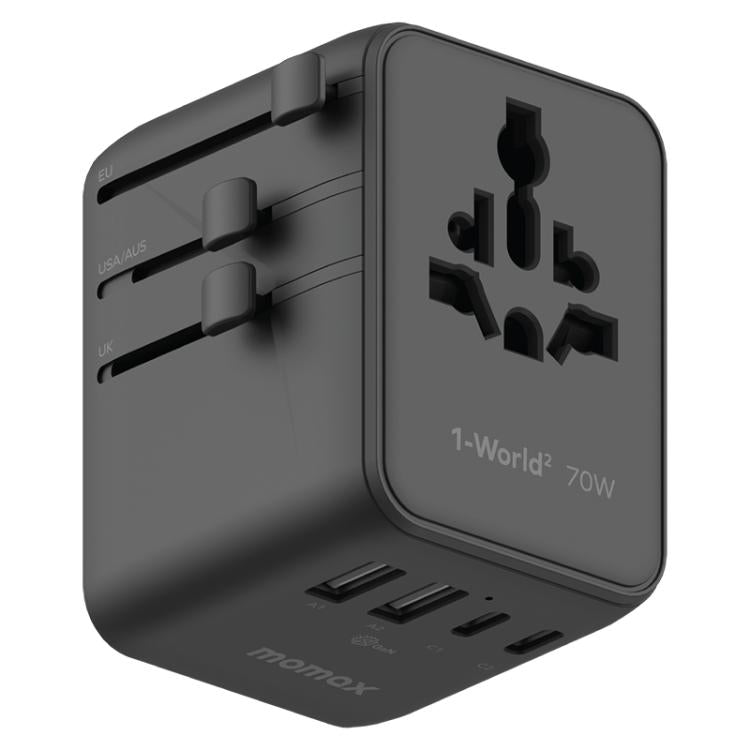 Enchufe de carga rápida global para viajes MOMAX UA22 1-World2 de 70 W con doble alimentación de CA y tecnología Mini GaN., UA22(Black), UA22(Desert Gold)