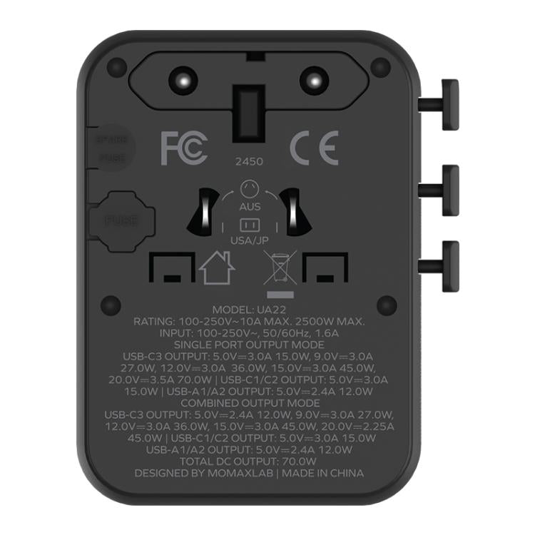 Enchufe de carga rápida global para viajes MOMAX UA22 1-World2 de 70 W con doble alimentación de CA y tecnología Mini GaN., UA22(Black), UA22(Desert Gold)