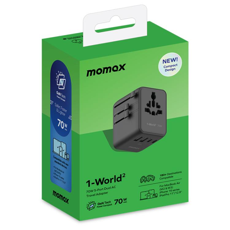 Enchufe de carga rápida global para viajes MOMAX UA22 1-World2 de 70 W con doble alimentación de CA y tecnología Mini GaN., UA22(Black), UA22(Desert Gold)