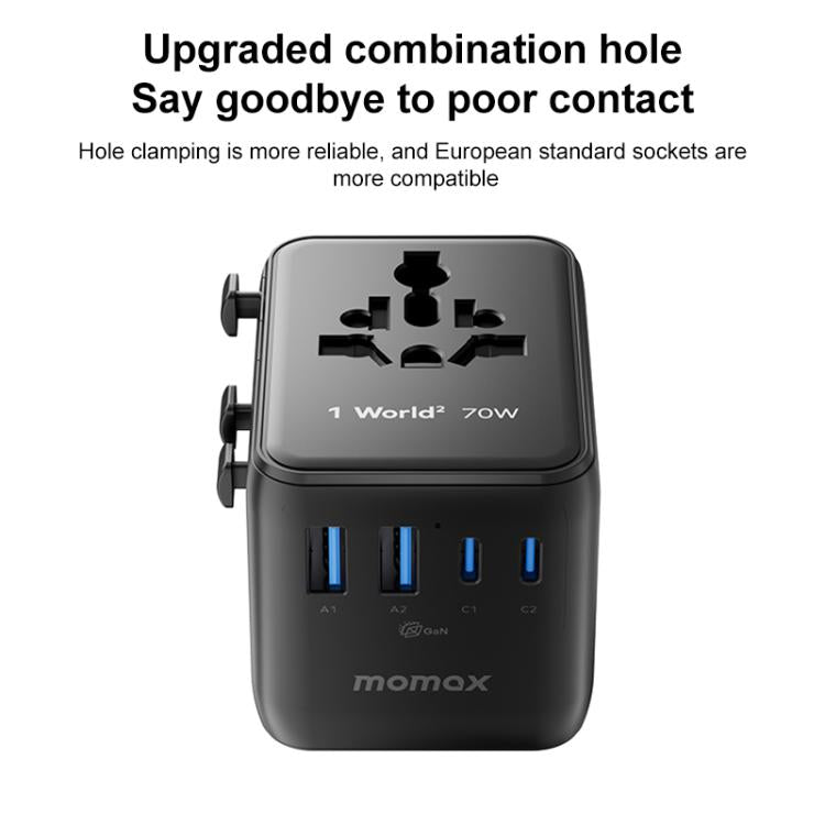 Enchufe de carga rápida global para viajes MOMAX UA22 1-World2 de 70 W con doble alimentación de CA y tecnología Mini GaN., UA22(Black), UA22(Desert Gold)