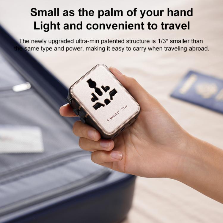 Enchufe de carga rápida global para viajes MOMAX UA22 1-World2 de 70 W con doble alimentación de CA y tecnología Mini GaN., UA22(Black), UA22(Desert Gold)