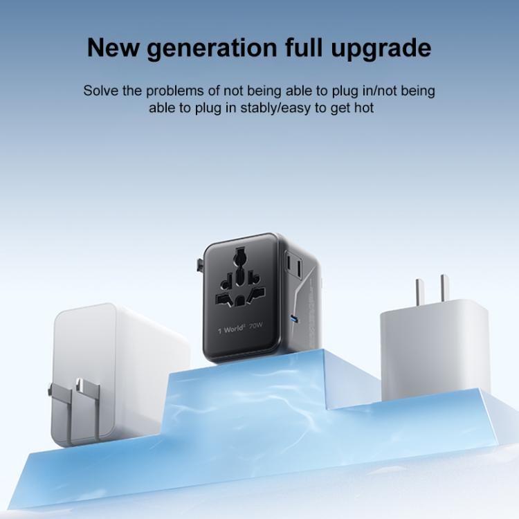 Enchufe de carga rápida global para viajes MOMAX UA22 1-World2 de 70 W con doble alimentación de CA y tecnología Mini GaN., UA22(Black), UA22(Desert Gold)