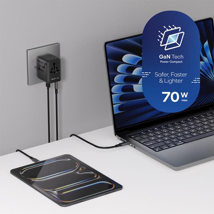 Enchufe de carga rápida global para viajes MOMAX UA22 1-World2 de 70 W con doble alimentación de CA y tecnología Mini GaN., UA22(Black), UA22(Desert Gold)