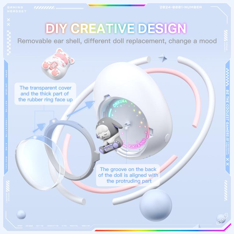 Auriculares inalámbricos ONIKUMA T302 RGB con diseño de muñeca única y adorable, con Bluetooth 5.4., White, Pink