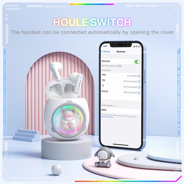 Auriculares inalámbricos ONIKUMA T302 RGB con diseño de muñeca única y adorable, con Bluetooth 5.4., White, Pink