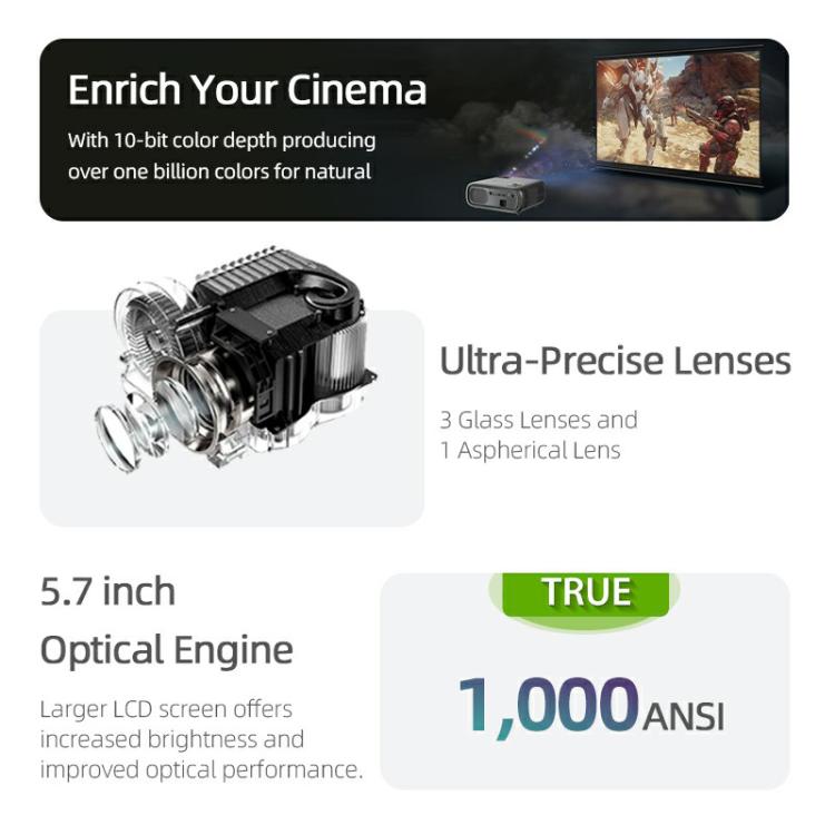 Proyector inteligente AUN AKEY9S 1080P 1000ANSI con enfoque automático, Wi-Fi y pantalla táctil., US Plug, UK Plug, AU Plug, EU Plug