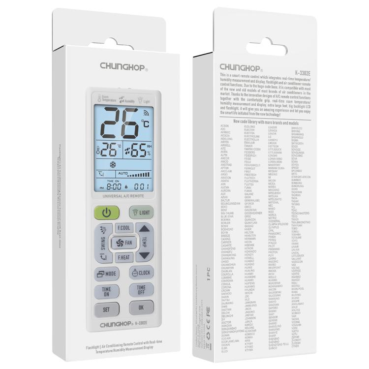 Control remoto universal para aire acondicionado CHUNGHOP K-3302E con linterna y retroiluminación LCD., K-3302E