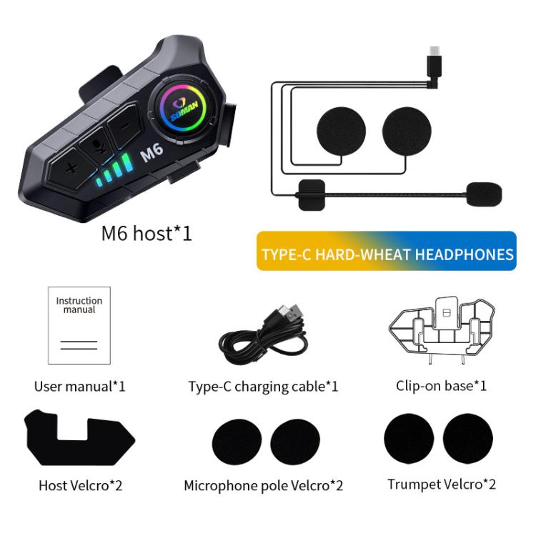 Auriculares Bluetooth SOMAN para casco de motocicleta con micrófono estéreo y micrófono de voz., M6-Hard Mic, M6-Soft Mic
