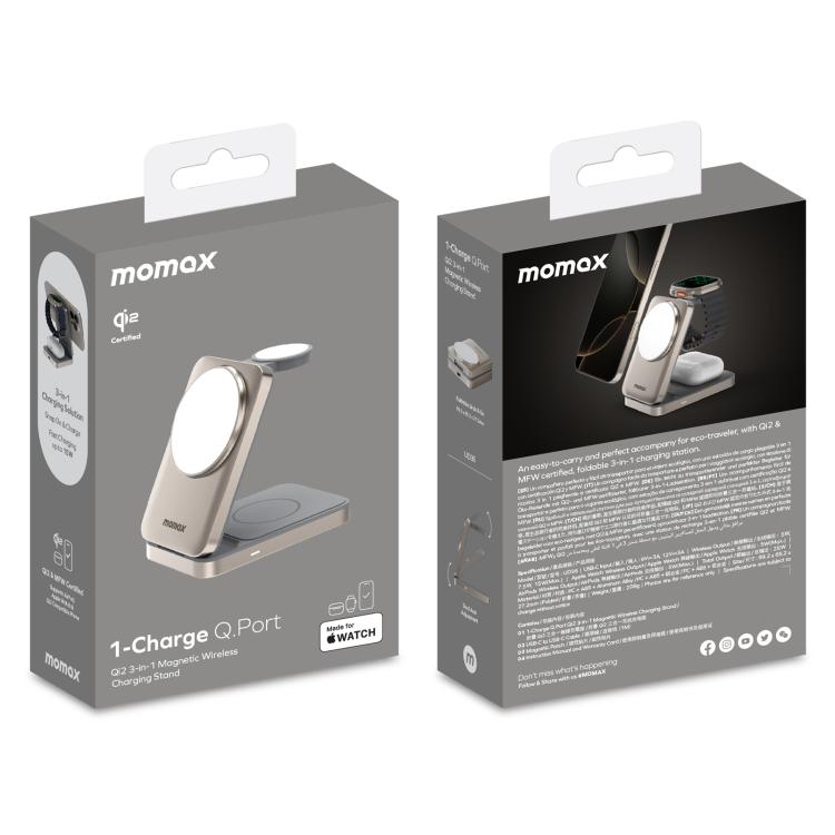 Soporte de carga inalámbrica magnética plegable 3 en 1 MOMAX UD36 Q.Port con certificación Qi2 + MFW, UD36
