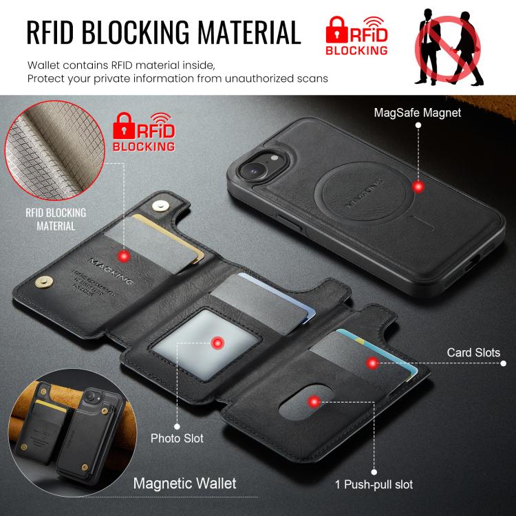 Funda desmontable para teléfono con tarjetero RFID MagSafe de la serie K3 de MAGKING, For iPhone 17e / 16e, For iPhone 17, For iPhone 16 Pro Max, For iPhone 16 Pro, For iPhone 16 Plus, For iPhone 16