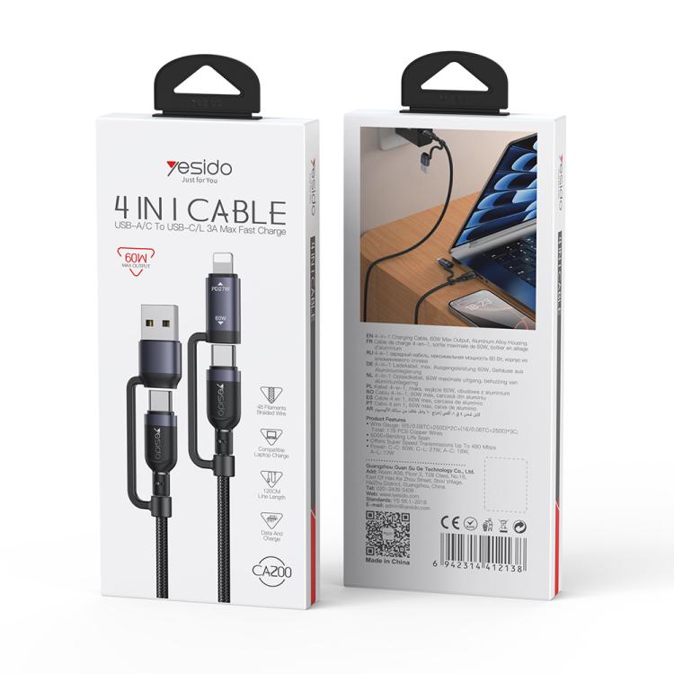 Cable de datos de carga rápida Yesido CA200 de 1,2 m y 60 W USB / Tipo-C a Tipo-C / 8 pines, CA200