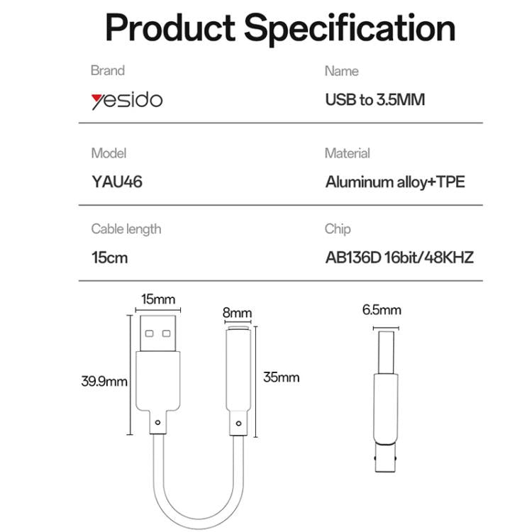 Adaptador de audio Yesido YAU46 USB a 3,5 mm de aleación de aluminio, YAU46