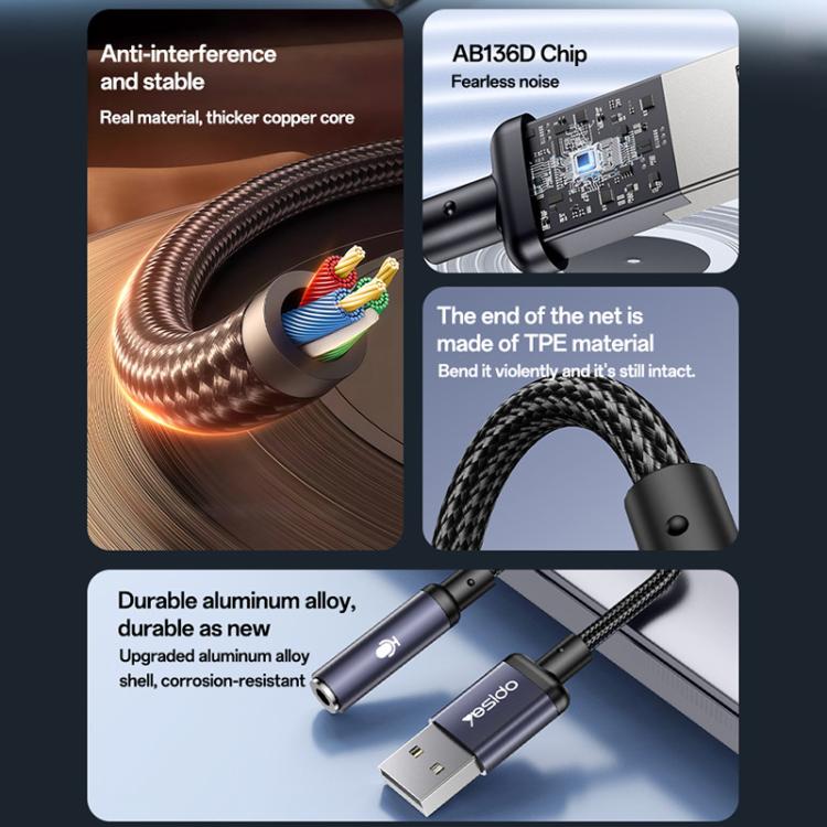 Adaptador de audio Yesido YAU46 USB a 3,5 mm de aleación de aluminio, YAU46